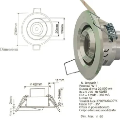 FARETTO LUCE CALDA A LED MINI 1 W SPOT ORIENTABILE ALETTE SEGNAPASSO CON DRIVER