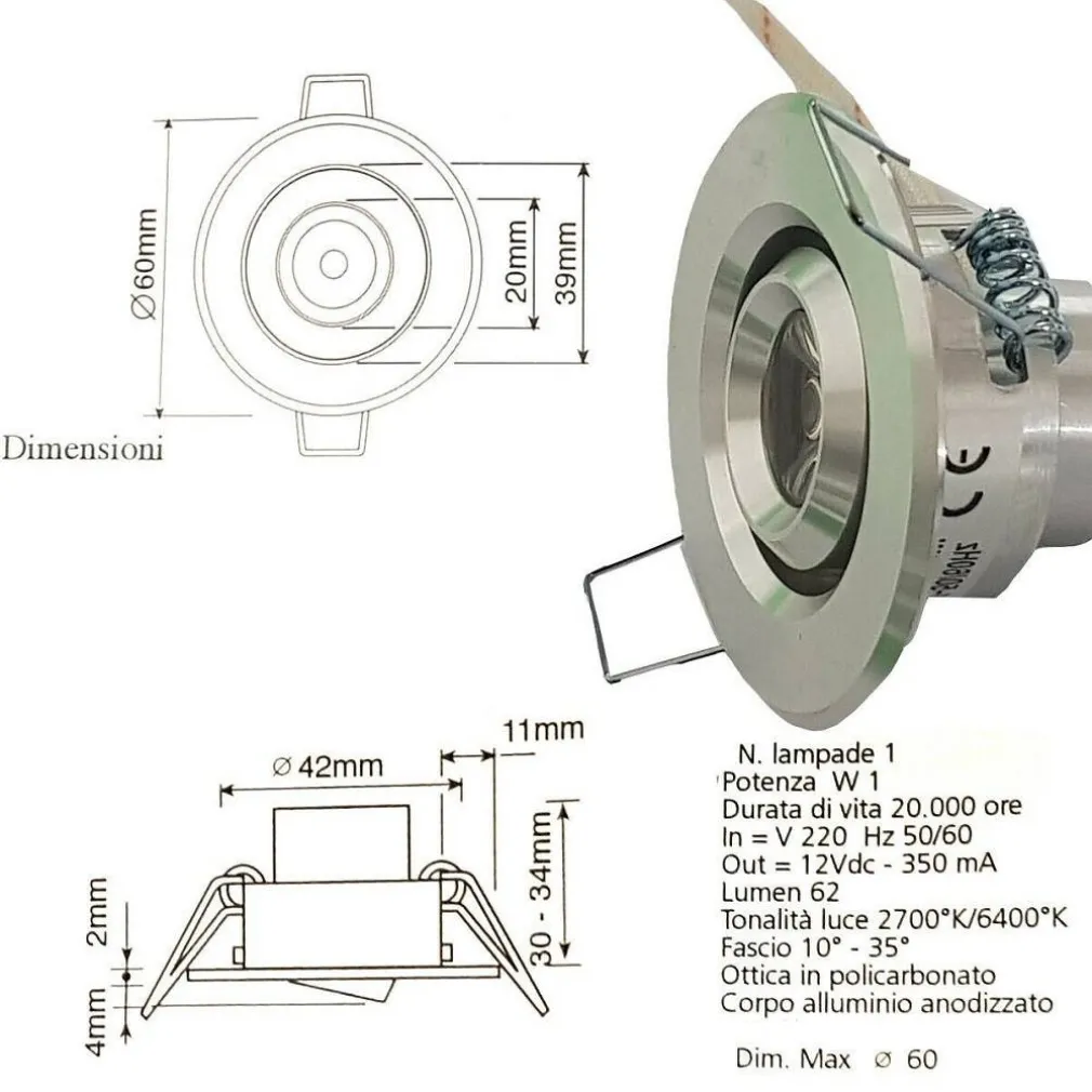 FARETTO LUCE CALDA A LED MINI 1 W SPOT ORIENTABILE ALETTE SEGNAPASSO CON DRIVER