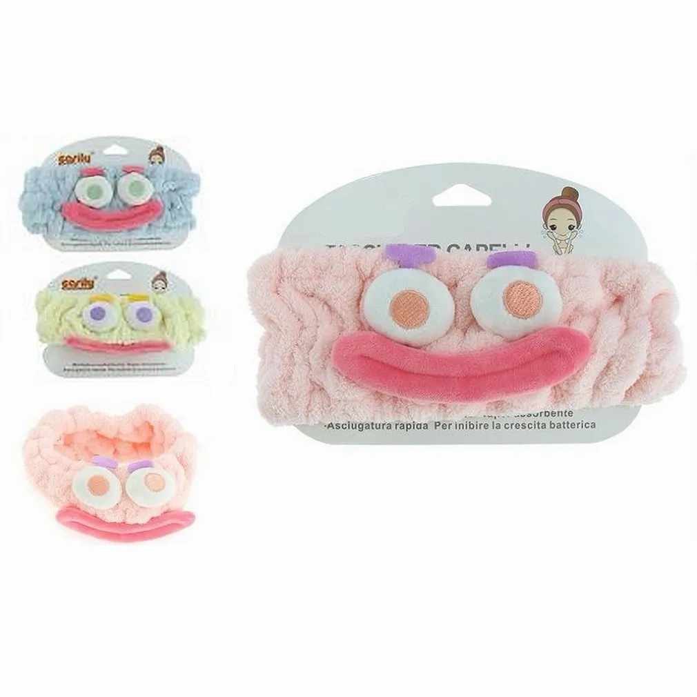 FASCIA PER CAPELLI DOCCIA SHAMPOO TRUCCO SPUGNA CON DESIGN FACCIA 3 COLORI 10735