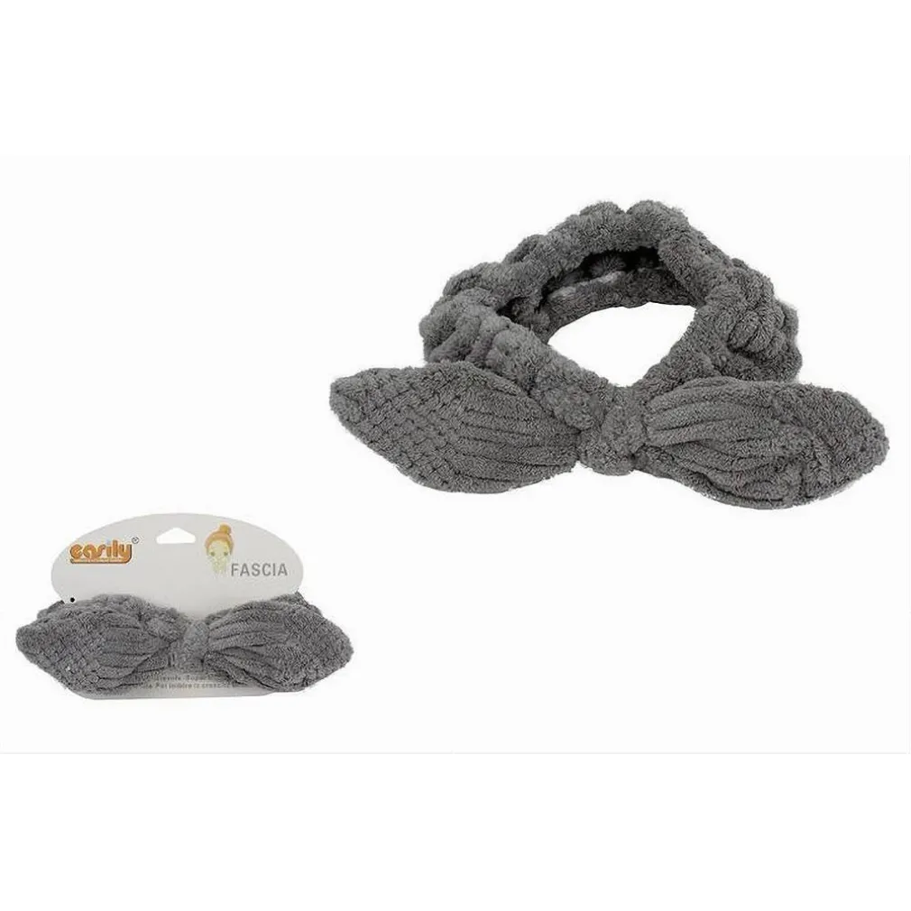 FASCIA PER CAPELLI DOCCIA SHAMPOO TRUCCO SPUGNA CON FIOCCO ANNODATO GRIGIO 79617