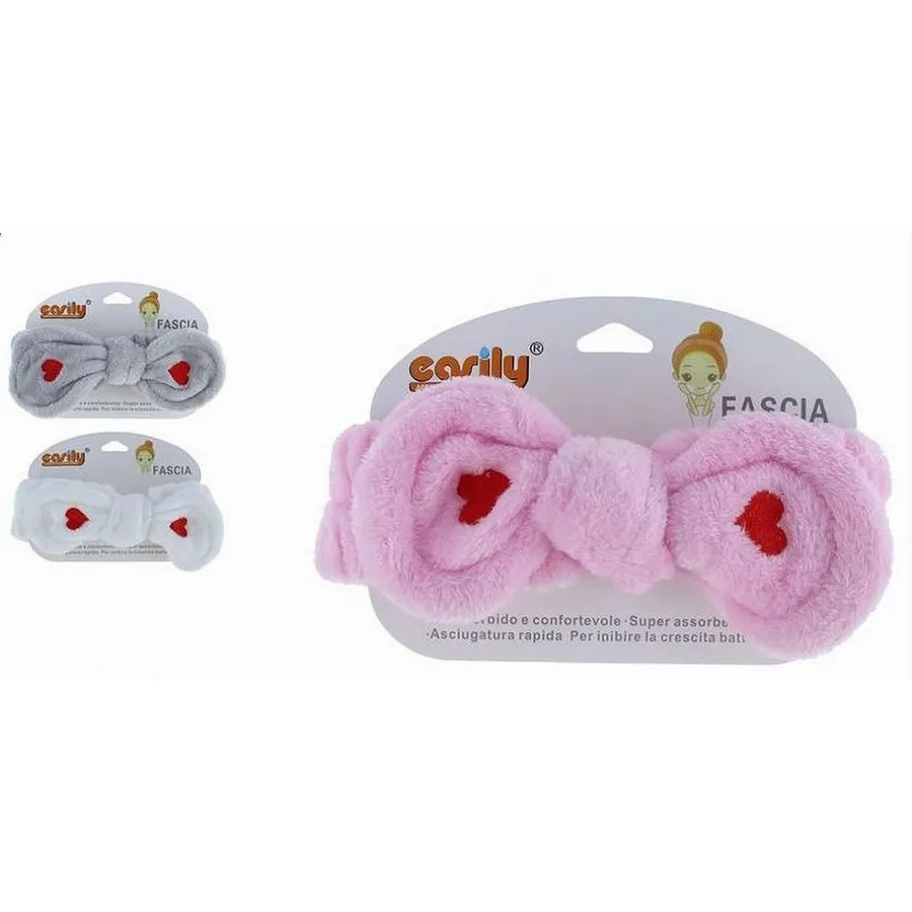 FASCIA PER CAPELLI DOCCIA SHAMPOO TRUCCO IN SPUGNA FIOCCO CUORI 3 COLORI 59785