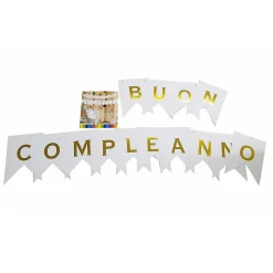 FESTONE SCRITTA BUON COMPLEANNO BANDIERINA BIANCA LETTERE ORO 3MT CARTA COMPLEANNI FESTA