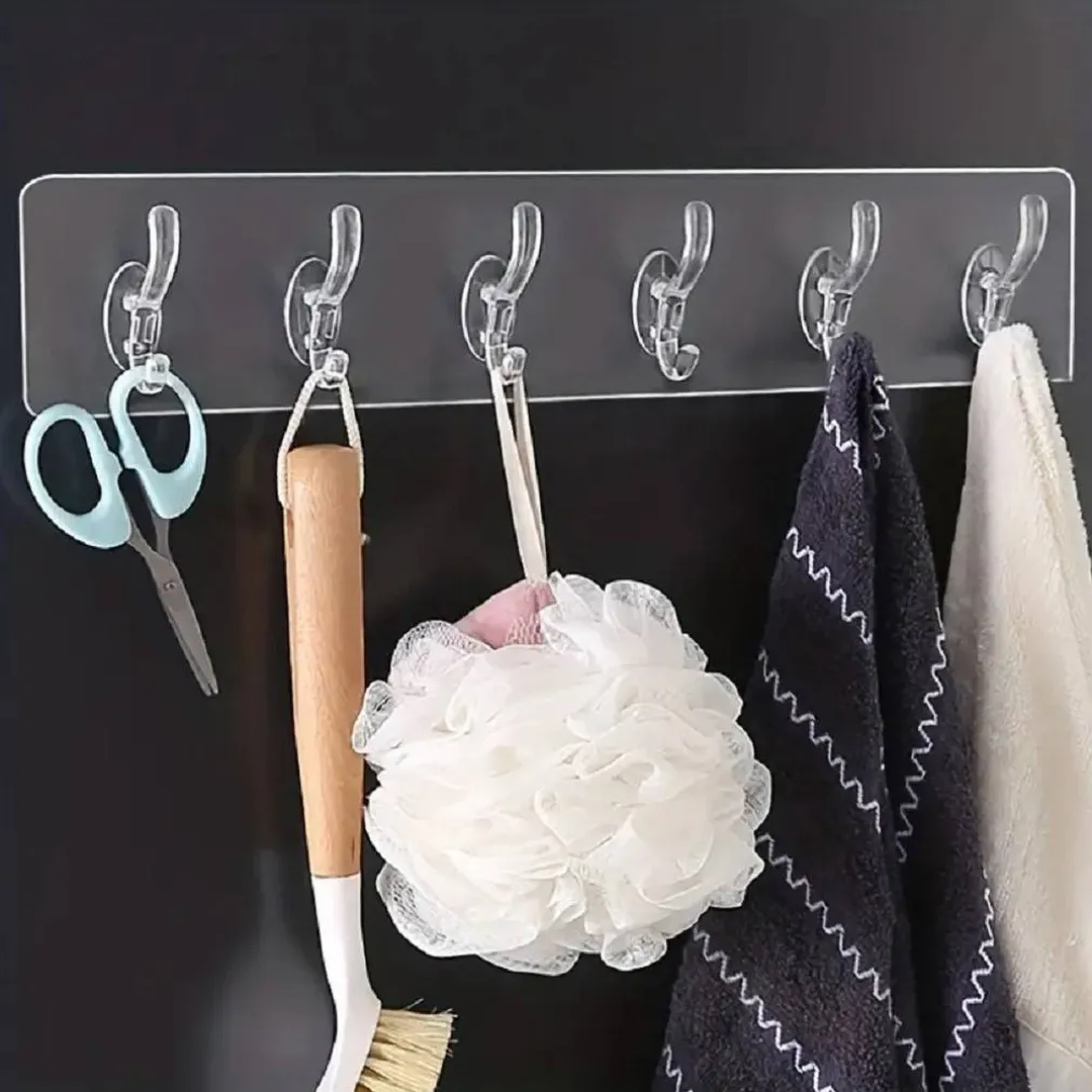 GANCIO APPENDIABITI DA PARETE A 6 FILE ADESIVI TRASPARENTI APPENDERE ACCESSORI