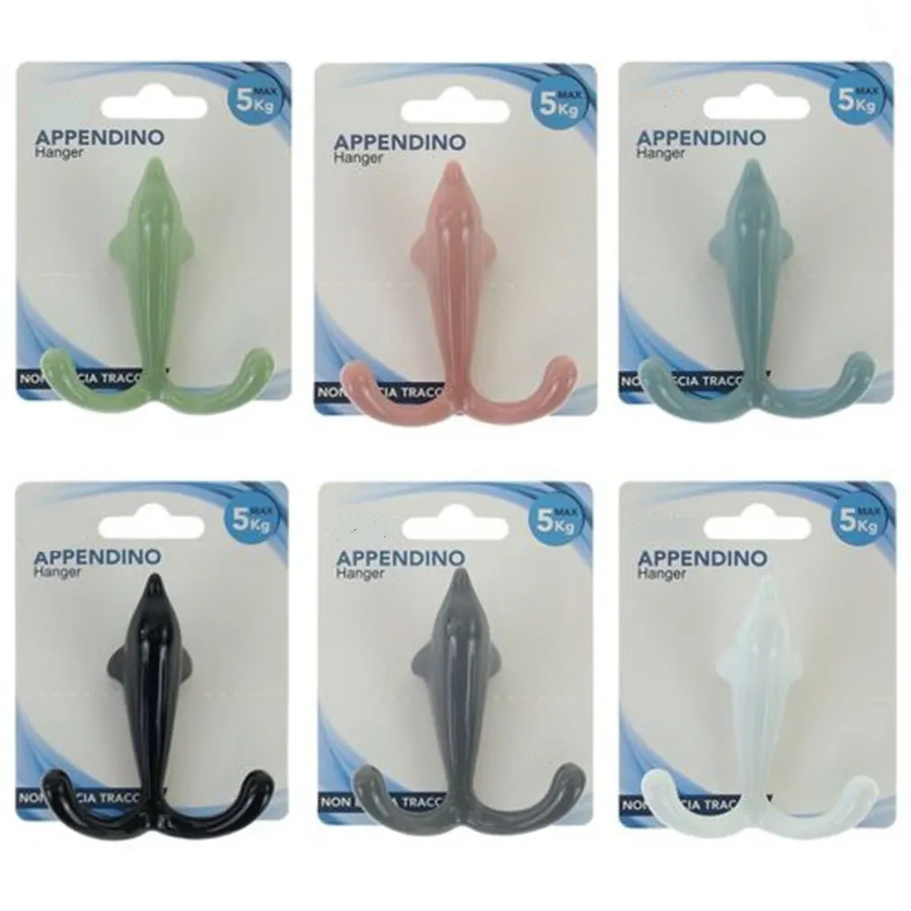 GANCIO APPENDINO ADESIVO DOPPIO APPENDIABITI PARETE CUCINA BAGNO DESIGN DELFINO COLORATO 10810