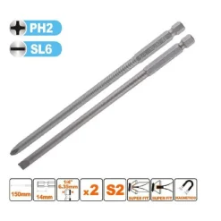 KIT 2 BITS 150MM GAMBO 1/4" 6.35MM PUNTA S2 MAGNETICA CROCE PH2 TAGLIO SL6 57251