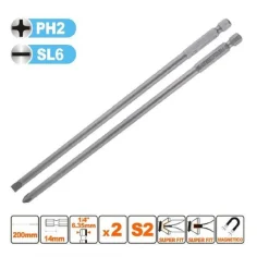 KIT 2 BITS 200MM GAMBO 1/4" 6.35MM PUNTA S2 MAGNETICA CROCE PH2 TAGLIO SL6 57252