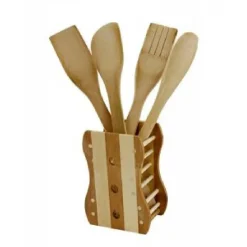 KIT 5 PZ CUCINA PORTA MESTOLO MESTOLI IN LEGNO BAMBÙ CON 4 MESTOLI POSATE 67375