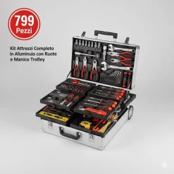 KIT ATTREZZI VALIGETTA PROFESSIONALE 799PZ TROLLEY ALLUMINIO CON RUOTE COMPLETO FAI DA TE