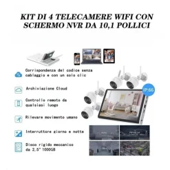 KIT DI 4 TELECAMERE SORVEGLIANZA WIFI IP66 CON SCHERMO NVR 10.1