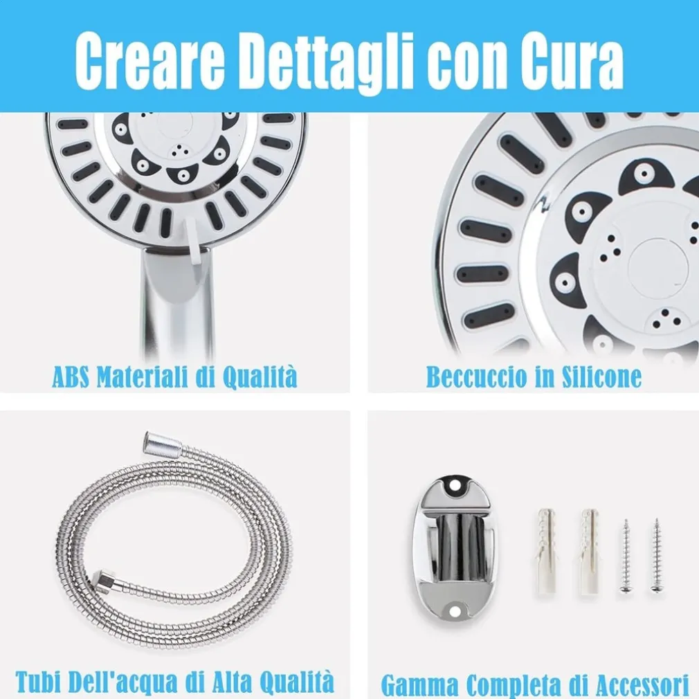 KIT DOCCETTA SOFFIONE CON TUBO 1.8MT STAFFA DOCCIA BAGNO UNIVERSALE CROMATO 59261