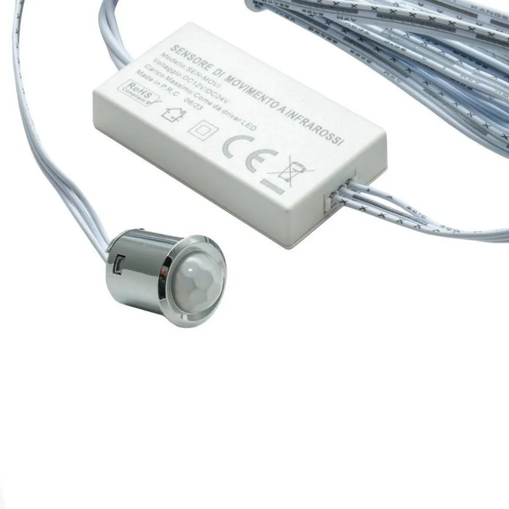 KIT MINI INTERRUTTORE SENSORE MOVIMENTO INFRAROSSI 12V 24V PIR 100W STRISCE LUCI LED
