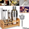 KIT PER COCKTAIL BARMAN BARTENDER SHAKER MIXER ACCIAIO 750ML SUPPORTO IN LEGNO