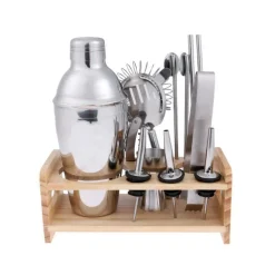 KIT PER COCKTAIL BARMAN BARTENDER SHAKER MIXER ACCIAIO 750ML SUPPORTO IN LEGNO