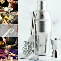 KIT PER COCKTAIL BARMAN BARTENDER SHAKER MIXER ACCIAIO 750ML SUPPORTO IN LEGNO