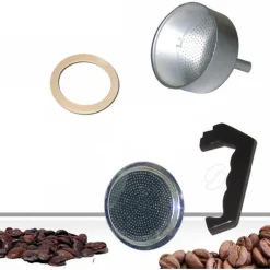 KIT 4PZ RICAMBI FILTRO GUARNIZIONE MANICO IMBUTO CAFFETTIERA MOKA MISURA 2 TAZZE