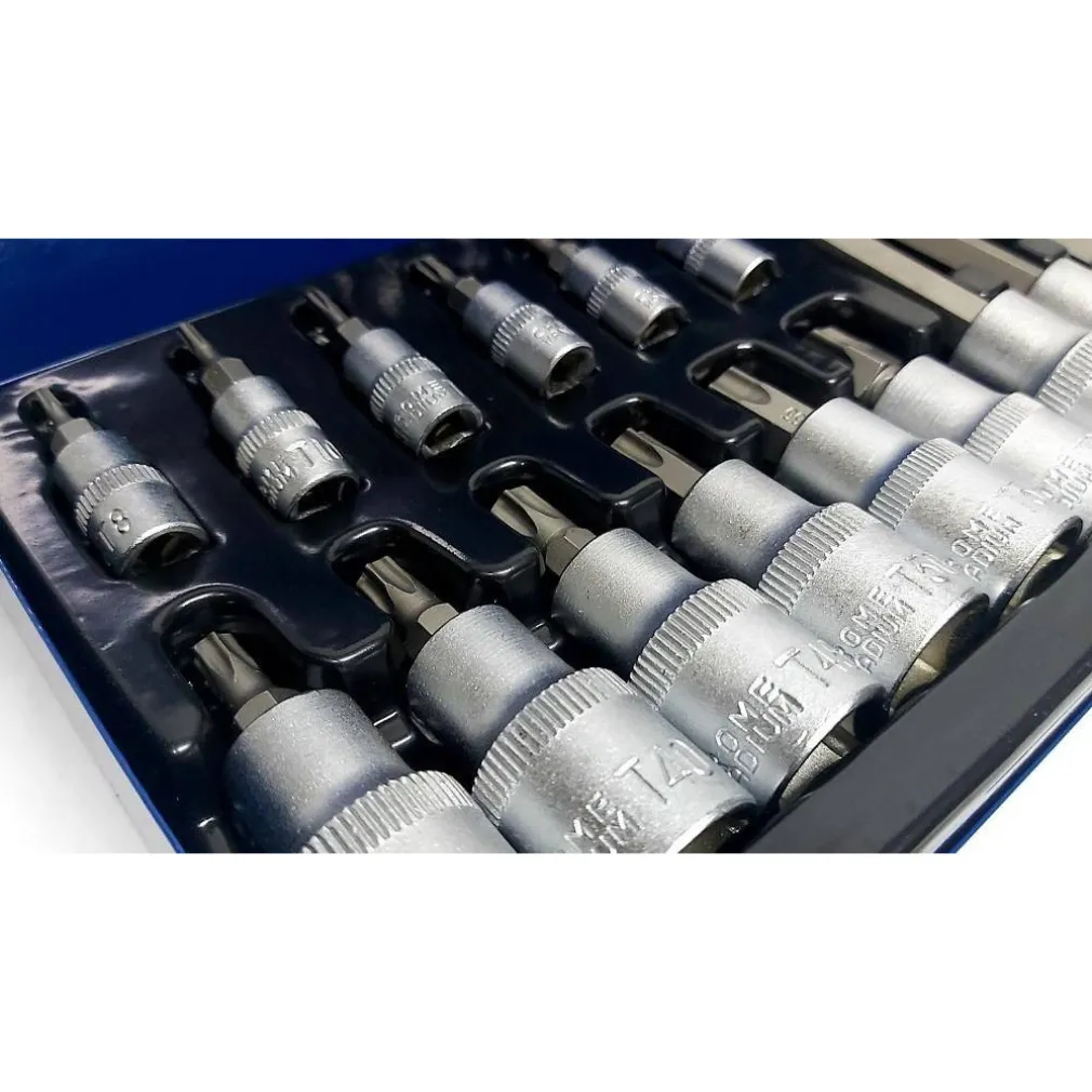 KIT SET INSERTI CHIAVI 19 PEZZI BUSSOLE CHIAVI TORX MASCHI 1/4" 1/2" IN VALIGIA