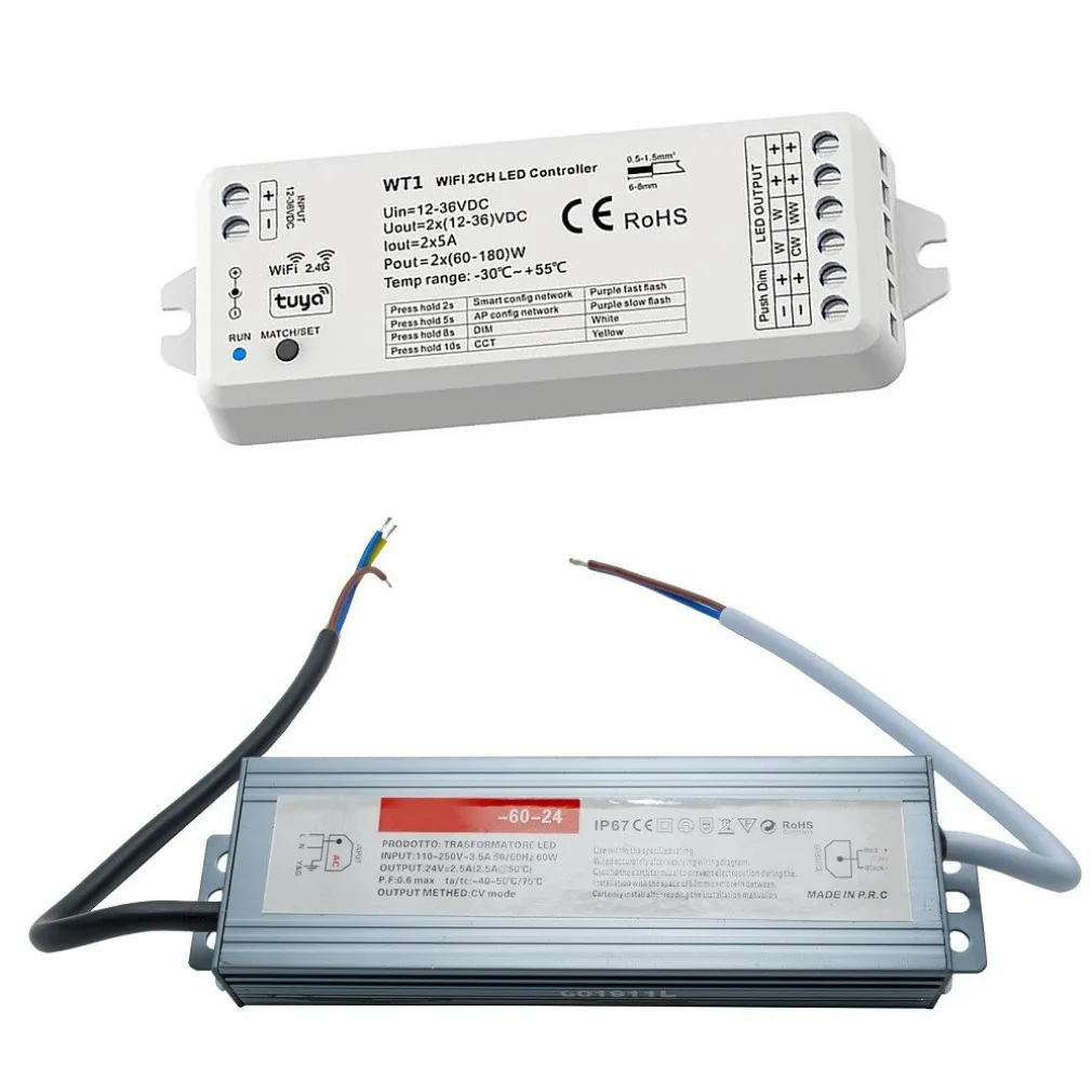 KIT SMART STRISCIA LED IP68 COB NEON FLEX DIMMERABILE 24V CENTRALINA VOCALE WIFI