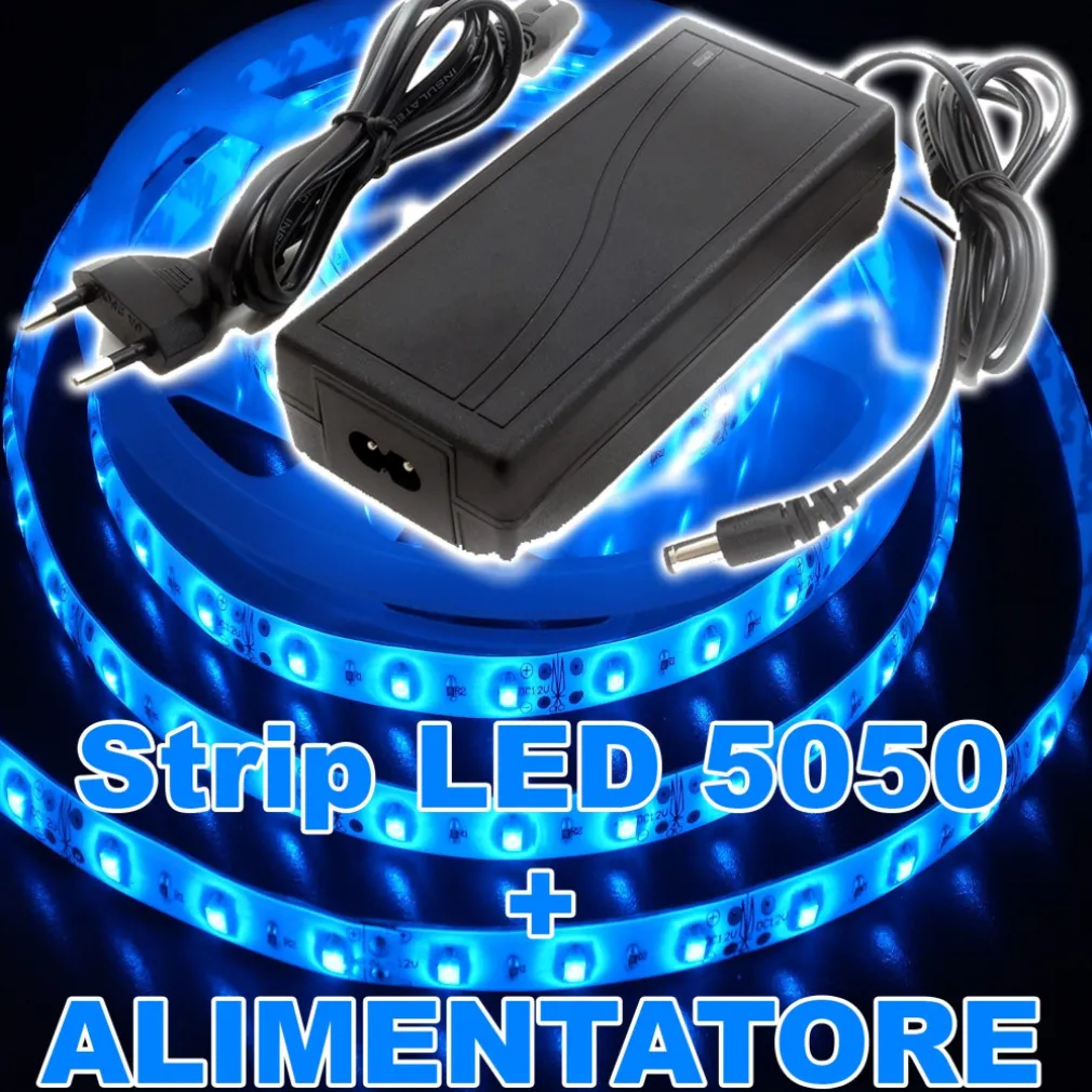 KIT STRISCIA LED 5050 FLESSIBILE 5M ADESIVA CON ALIMENTATORE 3A BLUE BLU IP65