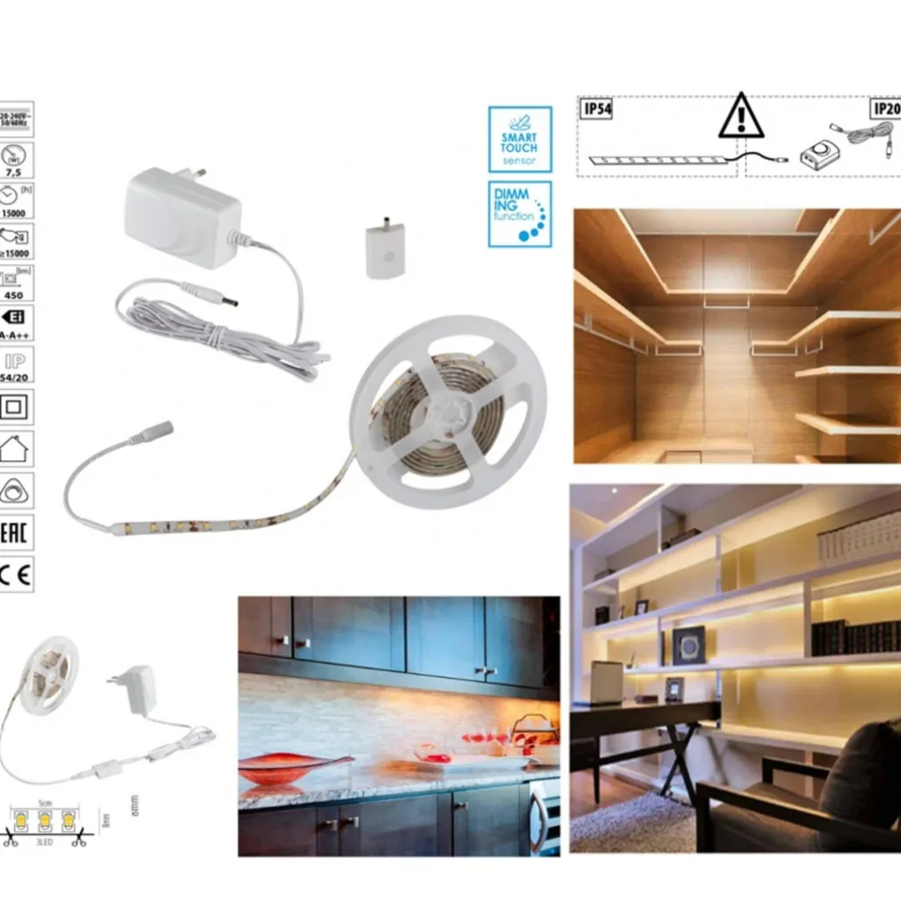 KIT STRISCIA LED CON TASTO INTERRUTTORE TOUCH DIMMER BIANCO FREDDO 6500K 7,5 W