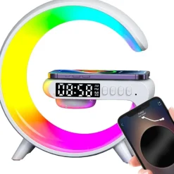 LAMPADA A FORMA DI G MULTICOLOR CON CASSA SPEACKER E CARICABATTERIA AD INDUZIONE
