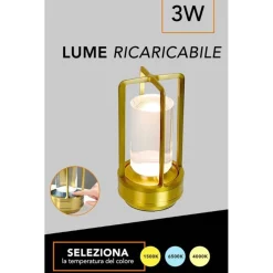LAMPADA A LED DA TAVOLO 3 WATT LANTERNA LUME RICARICABILE TOUCH DIMMERABILE CCT D37-3C