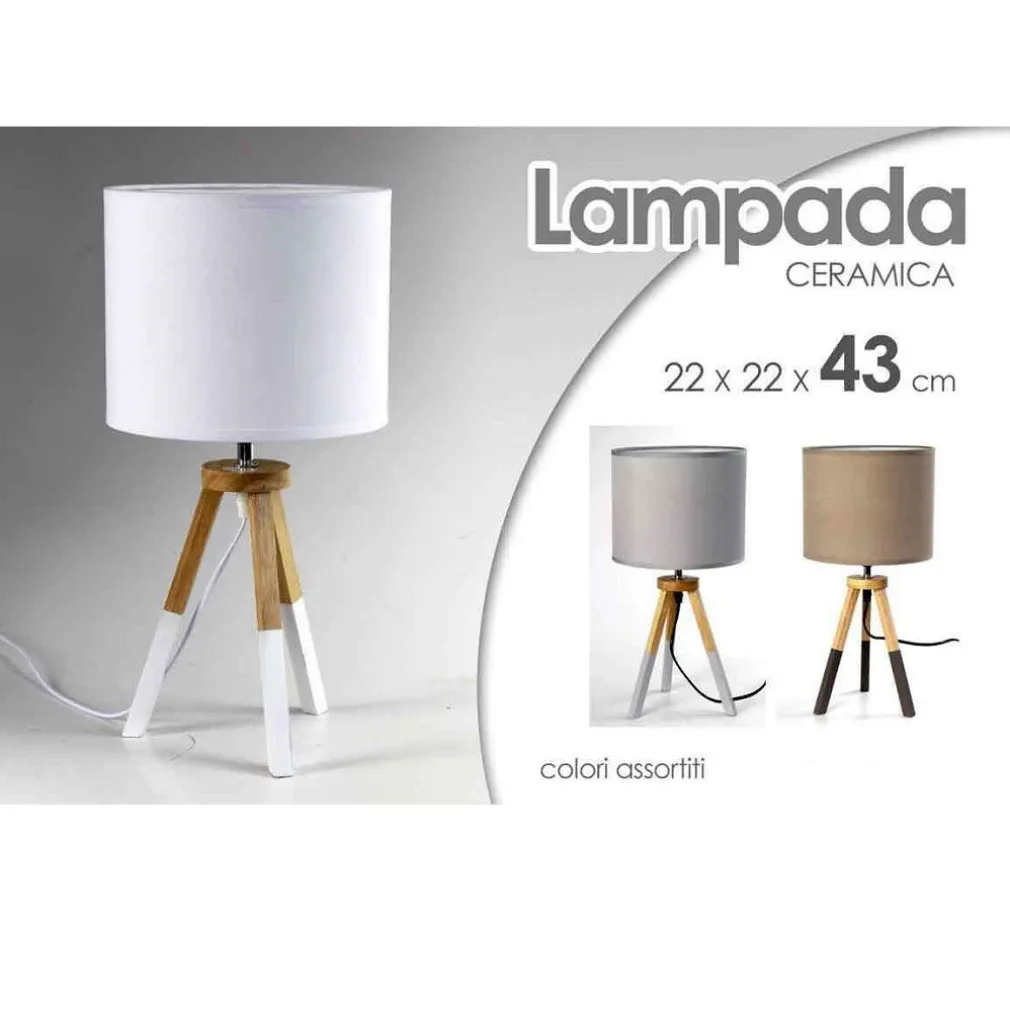 LAMPADA ABAT JOUR CERAMICA 22X22X43CM LUMETTO TAVOLO BASE LEGNO TREPIEDE 698743