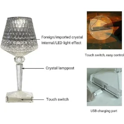 LAMPADA DA TAVOLO IN CRISTALLO SENZA FILI USB RICARICABILE TOUCH A 3 VIE 28X12CM