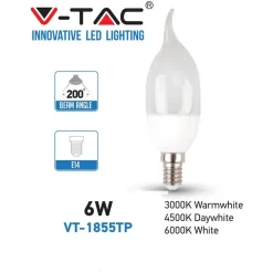 LAMPADA LAMPADINA LED V-TAC 6W 6 WATT LUCE FREDDO FIAMMA OPACA CANDELA E14