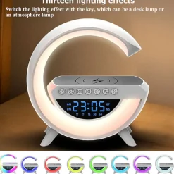 LAMPADA LED CARICABATTERIA WIRELESS CASSA SPEAKER A FORMA G CON SVEGLIA DISPLAY