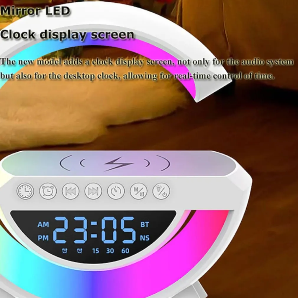 LAMPADA LED CARICABATTERIA WIRELESS CASSA SPEAKER A FORMA G CON SVEGLIA DISPLAY