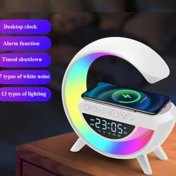 LAMPADA LED CARICABATTERIA WIRELESS CASSA SPEAKER A FORMA G CON SVEGLIA DISPLAY