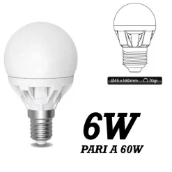 LAMPADA LED 6W WATT E14 490 LUMEN BIANCO CALDO 3000°K SFERA GLOBO OPACA