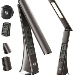 LAMPADA SCRIVANIA LUCE LED 3 INTENSITA 5W NERO ECOPELLE OROLOGIO DISPLAY LCD