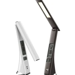 LAMPADA SCRIVANIA LUCE LED 3 INTENSITA 5W NERO ECOPELLE OROLOGIO DISPLAY LCD