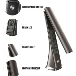 LAMPADA SCRIVANIA LUCE LED 3 INTENSITA 5W NERO ECOPELLE OROLOGIO DISPLAY LCD