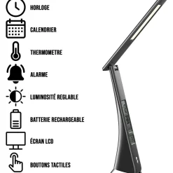LAMPADA SCRIVANIA LUCE LED 3 INTENSITA 5W NERO ECOPELLE OROLOGIO DISPLAY LCD