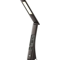 LAMPADA SCRIVANIA LUCE LED 3 INTENSITA 5W NERO ECOPELLE OROLOGIO DISPLAY LCD