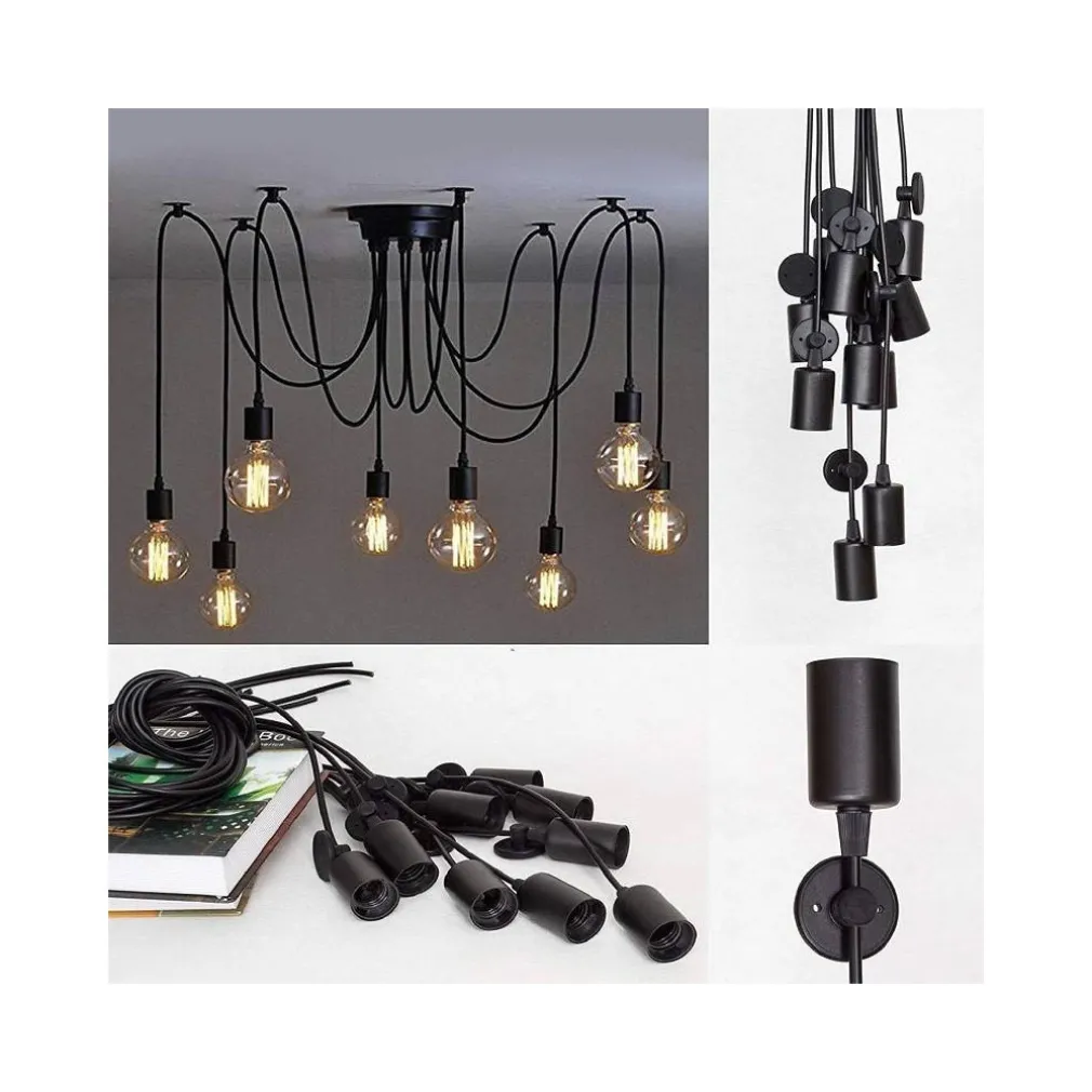 LAMPADARIO 12 PENDENTI LAMPADA RAGNO NERO A SOFFITTO SOSPENSIONE LUCE PORTALAMPADA E27