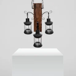 LAMPADARIO A SOSPENSIONE RUSTICO INDUSTRIAL CON LANTERNE E27 LEGNO METALLO B54-4