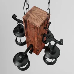 LAMPADARIO A SOSPENSIONE RUSTICO INDUSTRIAL CON LANTERNE E27 LEGNO METALLO B54-4
