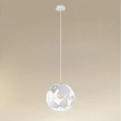 LAMPADARIO A SOSPENSIONE MAPPAMONDO E27 IN METALLO BIANCO SFERA GLOBO SOSPESO 33931