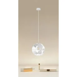LAMPADARIO A SOSPENSIONE MAPPAMONDO E27 IN METALLO BIANCO SFERA GLOBO SOSPESO 33931
