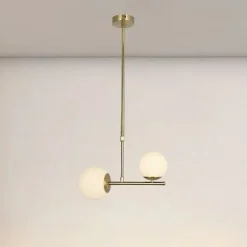 LAMPADARIO A SOSPENSIONE ORO CON 2 SFERE IN VETRO BIANCO OPACO ATTACCO G9 E27 33481