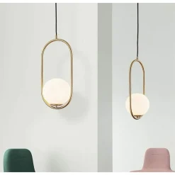 LAMPADARIO A SOSPENSIONE ORO OVALE CON SFERA VETRO ATTACCO E27 MODERNA MINIMAL 32835
