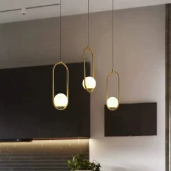 LAMPADARIO A SOSPENSIONE ORO OVALE CON SFERA VETRO ATTACCO E27 MODERNA MINIMAL 32835