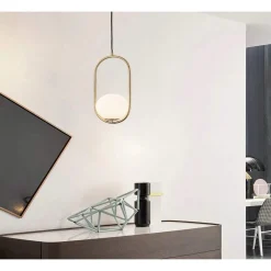 LAMPADARIO A SOSPENSIONE ORO OVALE CON SFERA VETRO ATTACCO E27 MODERNA MINIMAL 32835