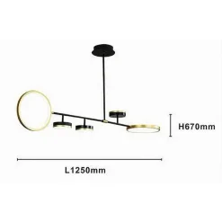 LAMPADARIO A SOSPENSIONE LED 37W CON 5 CERCHI ORIZZONTALE NERO ORO LUCE FREDDA 71361