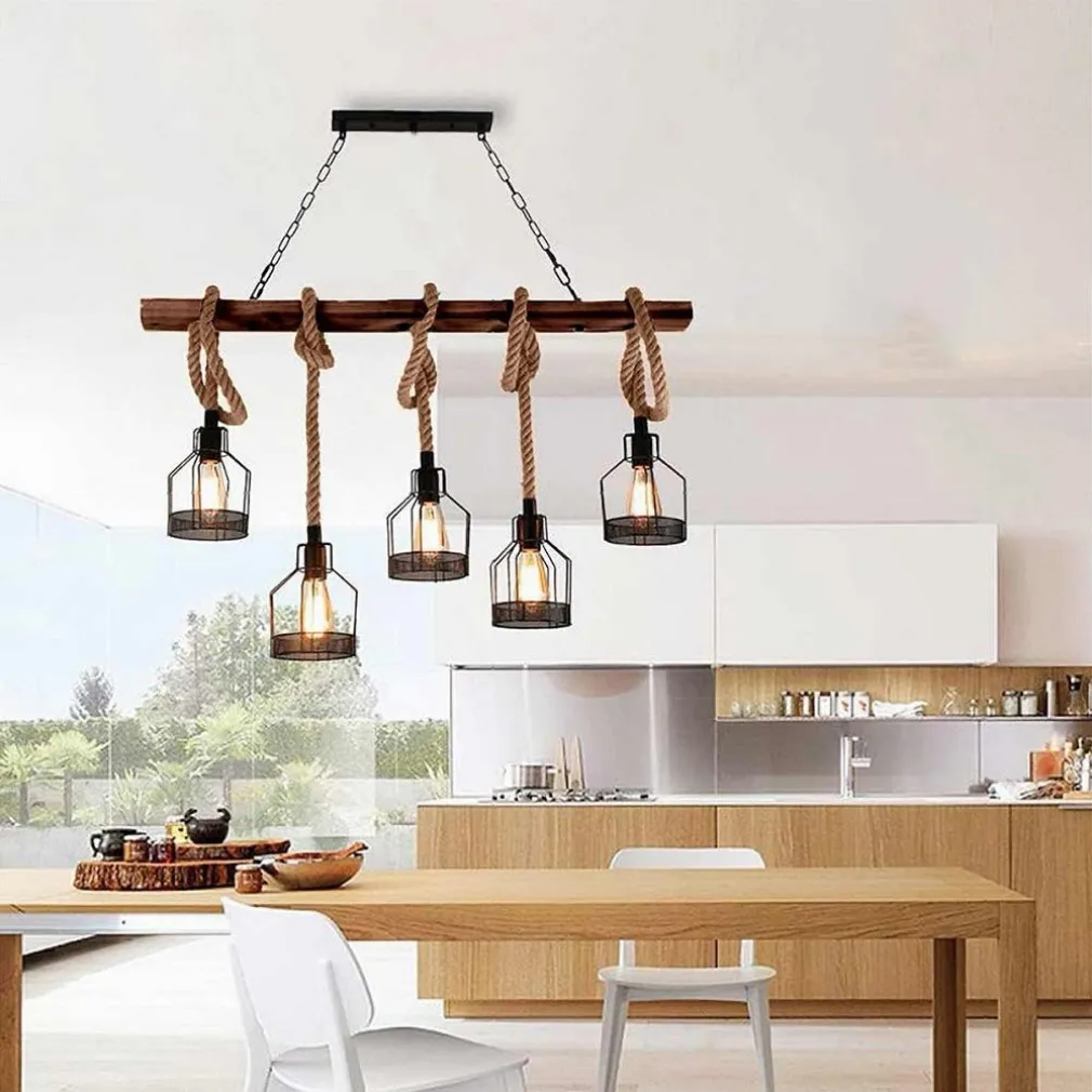 LAMPADARIO A SOSPENSIONE 5 PORTALAMPADA CORDA LAMPADA VINTAGE COUNTRY E27 A91-5