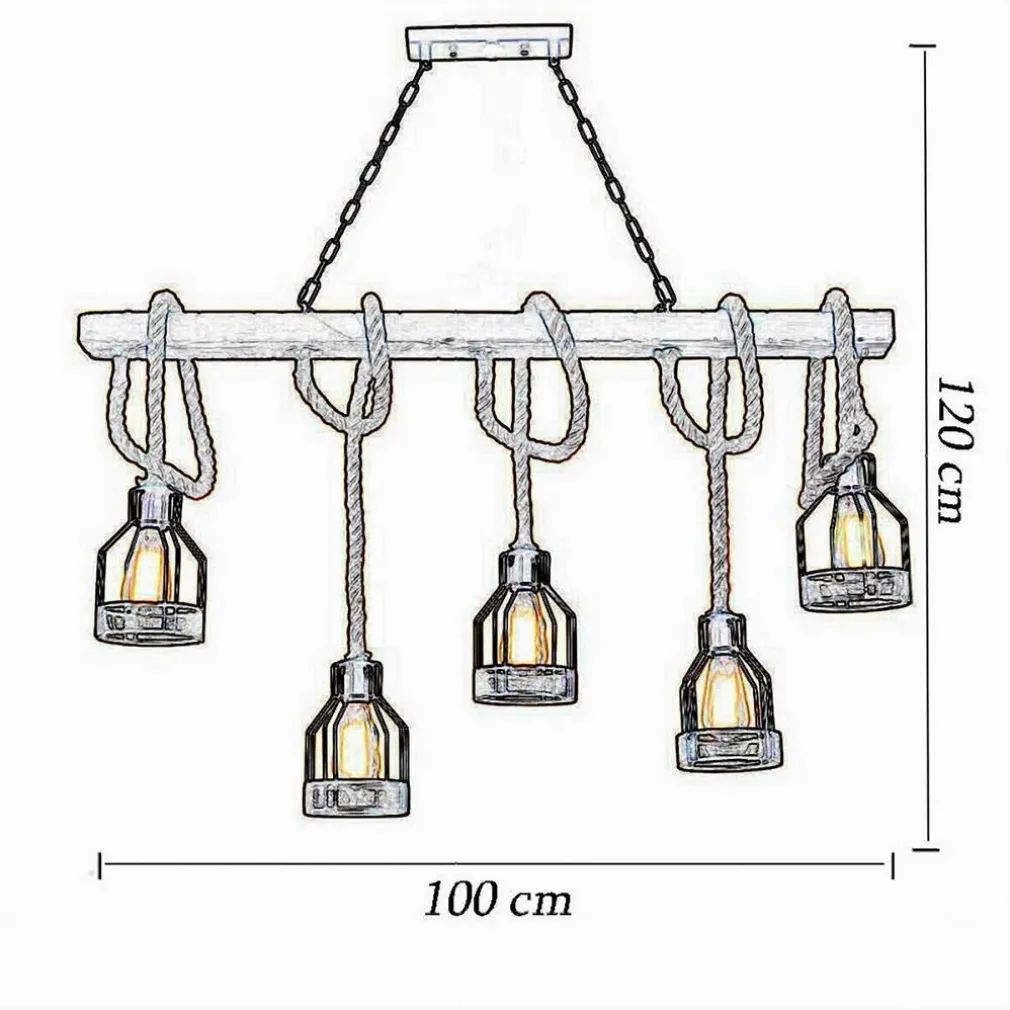 LAMPADARIO A SOSPENSIONE 5 PORTALAMPADA CORDA LAMPADA VINTAGE COUNTRY E27 A91-5