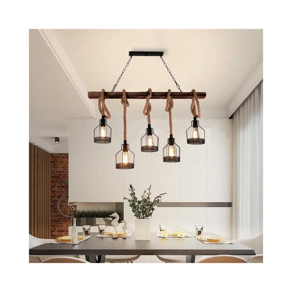 LAMPADARIO A SOSPENSIONE 5 PORTALAMPADA CORDA LAMPADA VINTAGE COUNTRY E27 A91-5